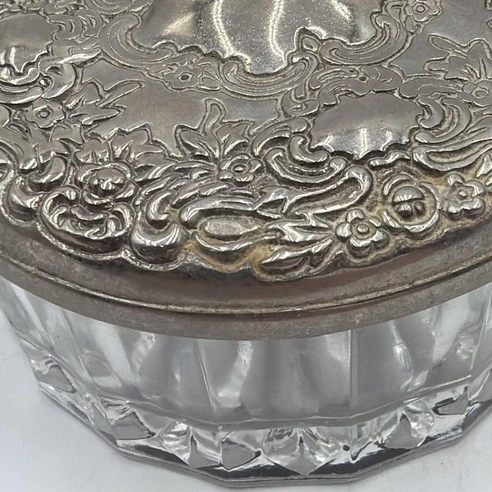 Vintage Vanity Powder Dresser Jar Round Glass Silver Plated Jewelry Trinket Box